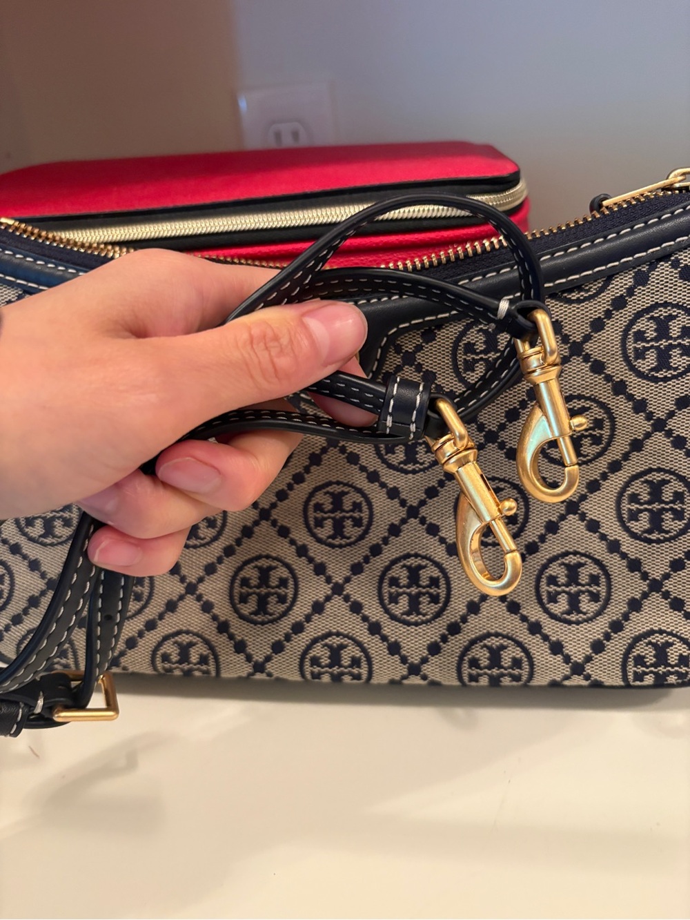 Tory Burch Beige Logo-Print Crossbody with Black Trim and Gold Hardware